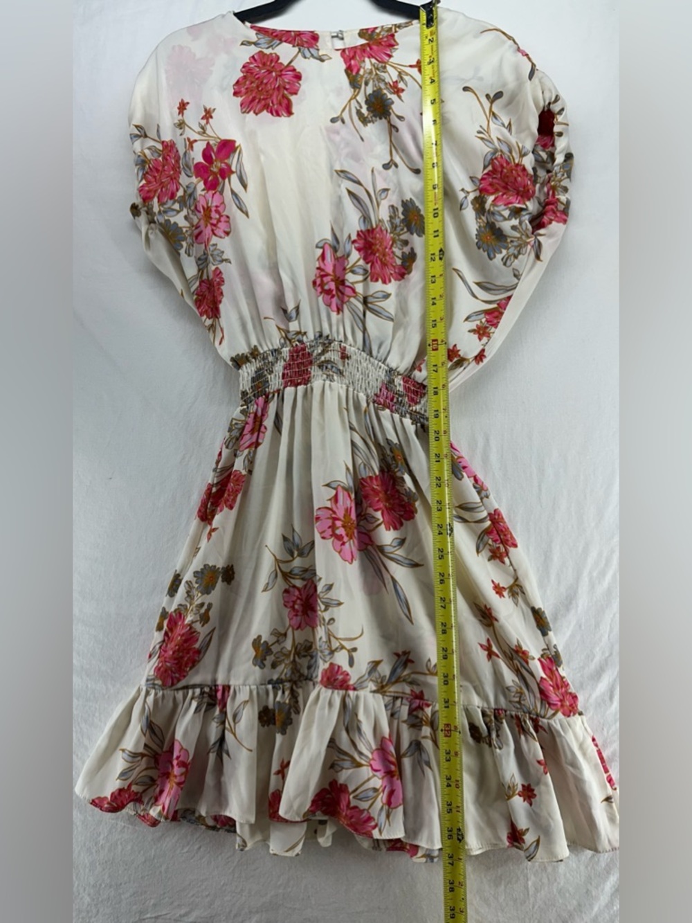 Misa Los Angeles Paulina Dress Size M Cream Pink Floral Ruffle Hem Draped Sleeve - Picture 6 of 7